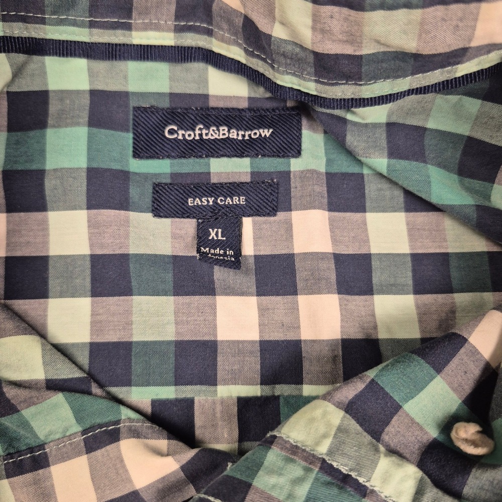 Croft & Barrow Plaid Button Up Shirt Mens XL Blue Green Short Sleeve Easy Care
